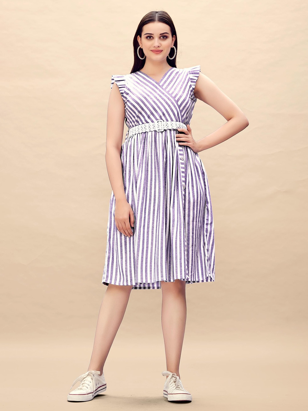 

Glomee Striped Pure Cotton A-Line Dress, Purple