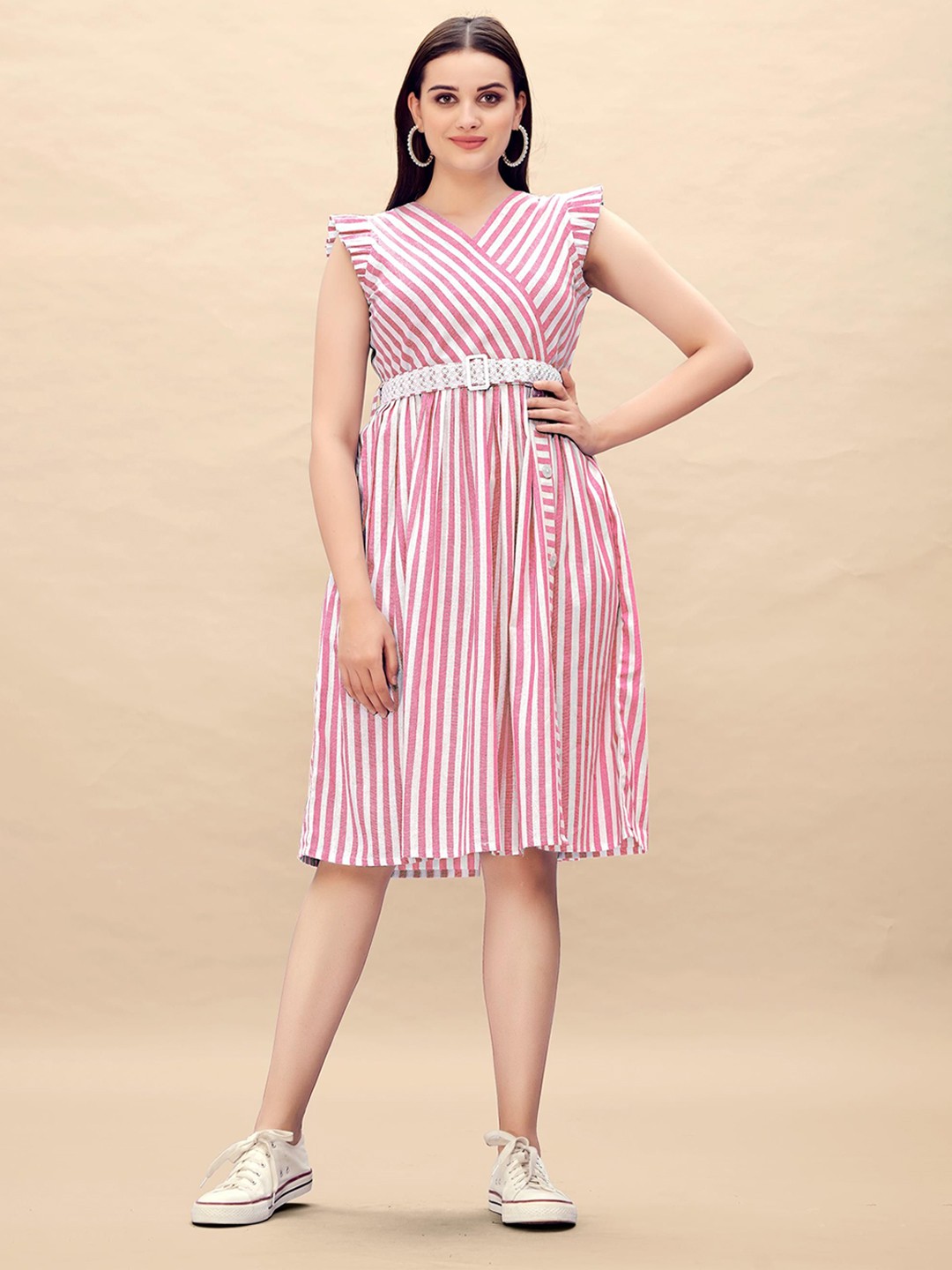 

Glomee Women V-Neck Striped Fit & Flare Midi Dress, Pink