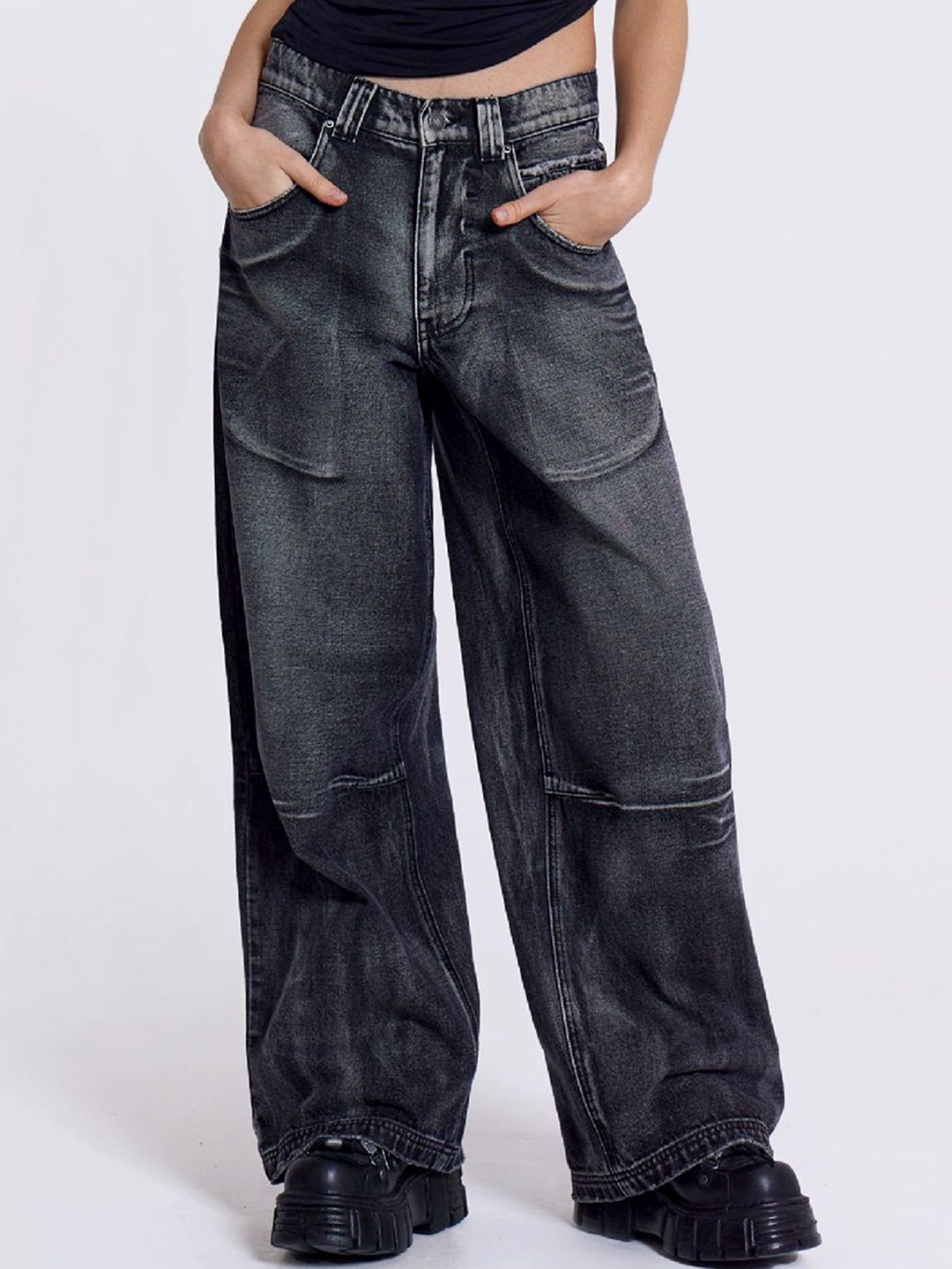 

LULU & SKY Women Wide Leg High-Rise Highly Distressed Heavy Fade Jeans, Black