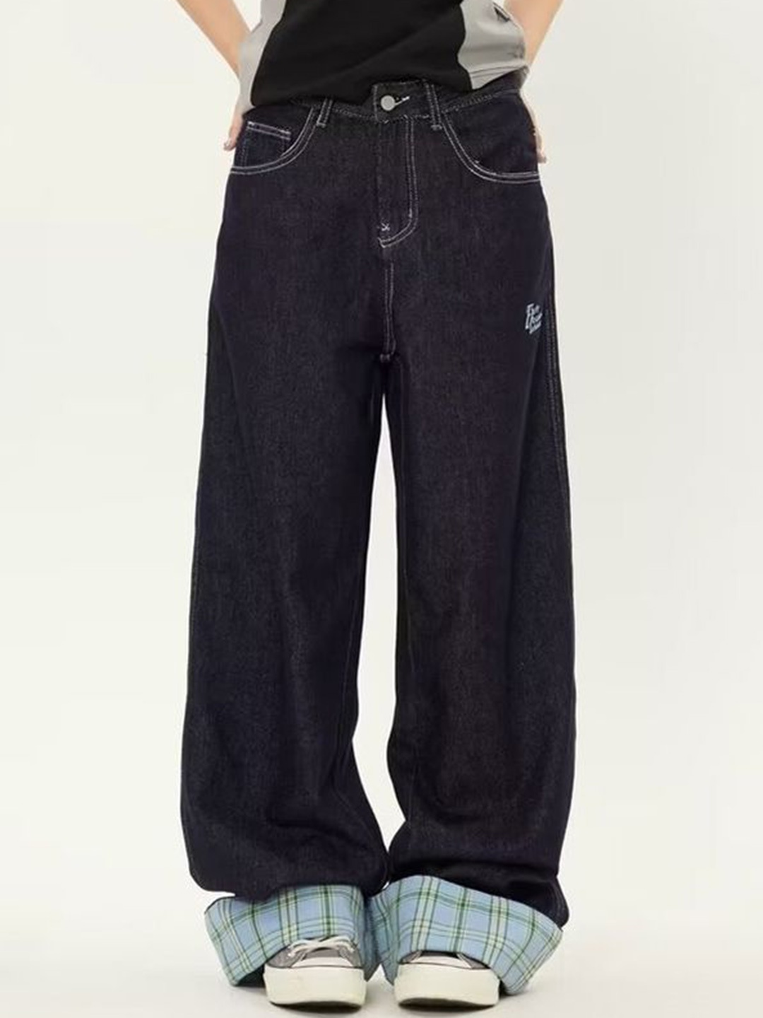 

LULU & SKY Women Wide Leg High-Rise Low Distress Jeans, Black