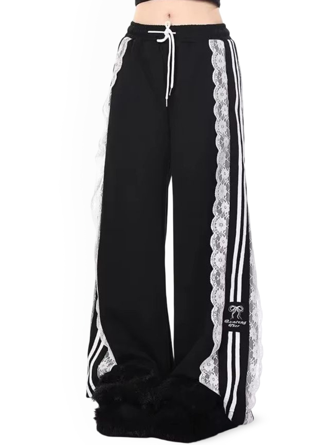 

LULU & SKY Women Loose Fit High-Rise Lace Trim Wide Leg Trousers, Black