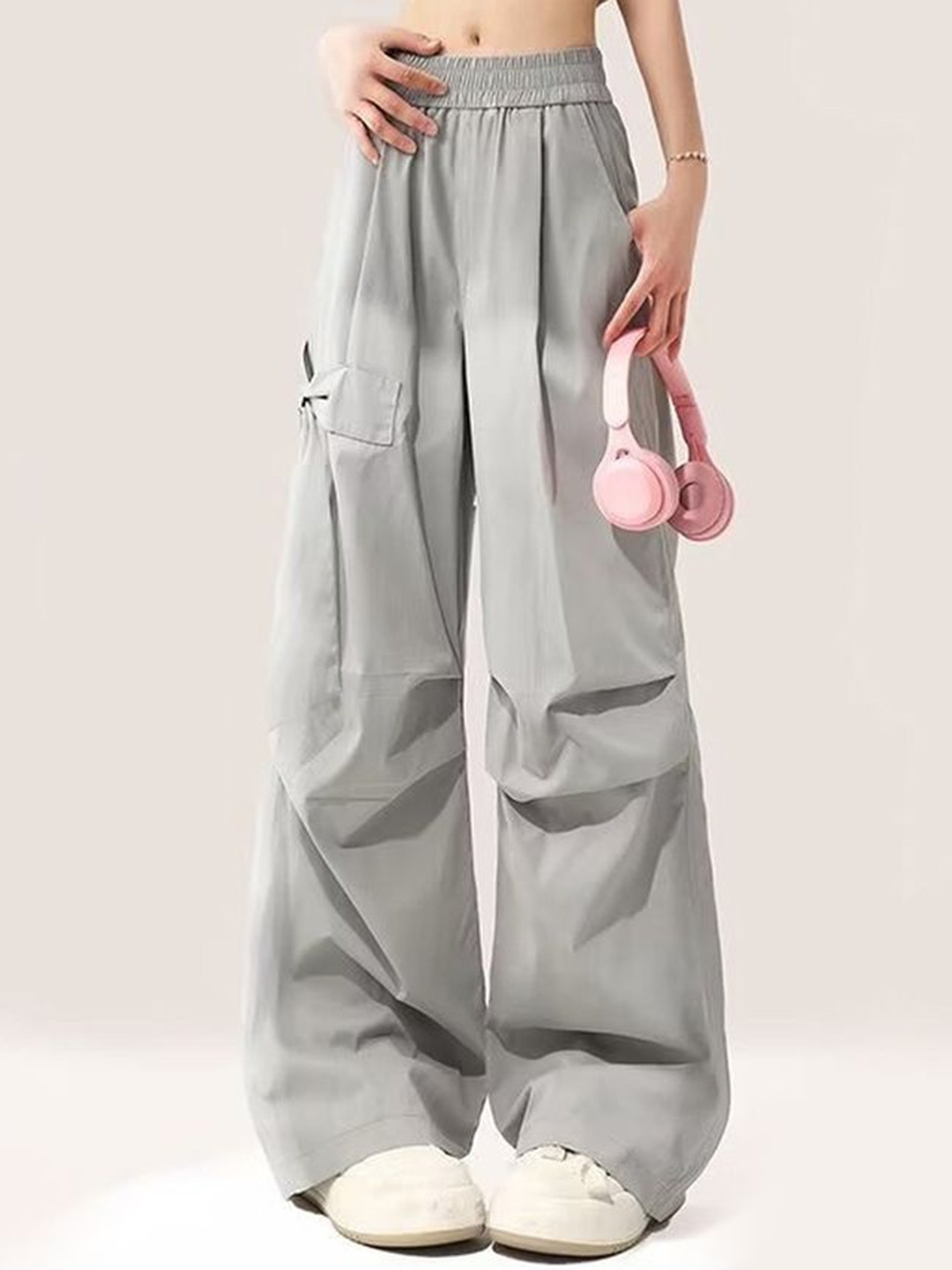 

LULU & SKY Women Loose Fit High-Rise Cargos Trousers, Grey