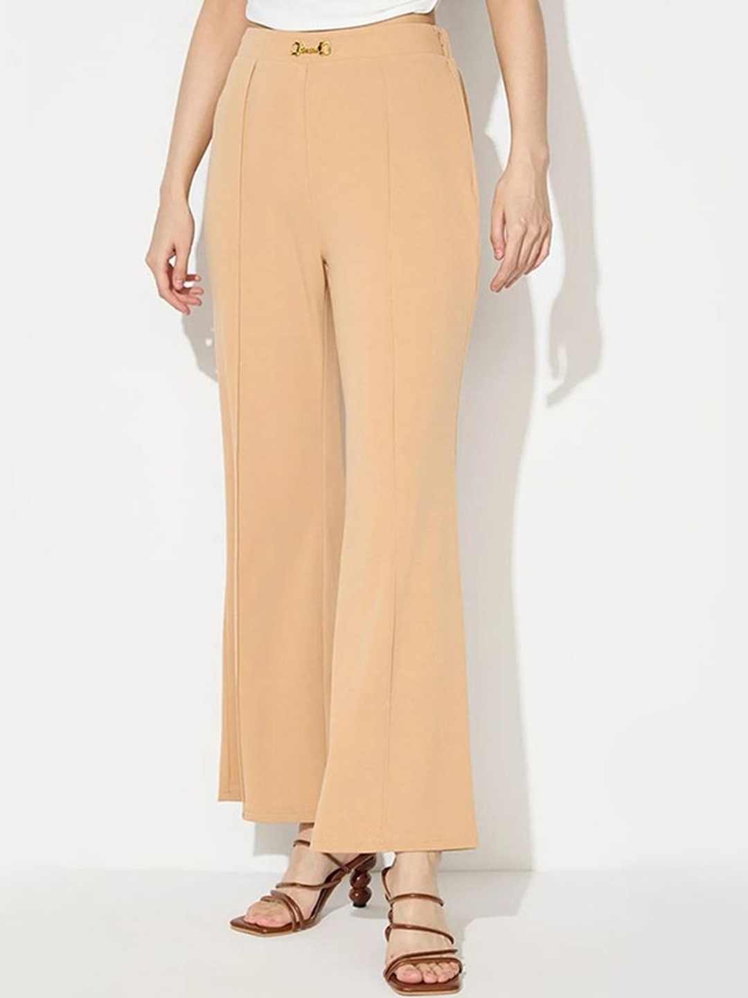 

LULU & SKY Women Flared High-Rise Trousers, Beige