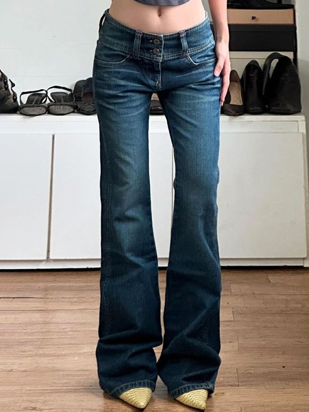 

LULU & SKY Women Flared Low Distress Light Fade Jeans, Navy blue