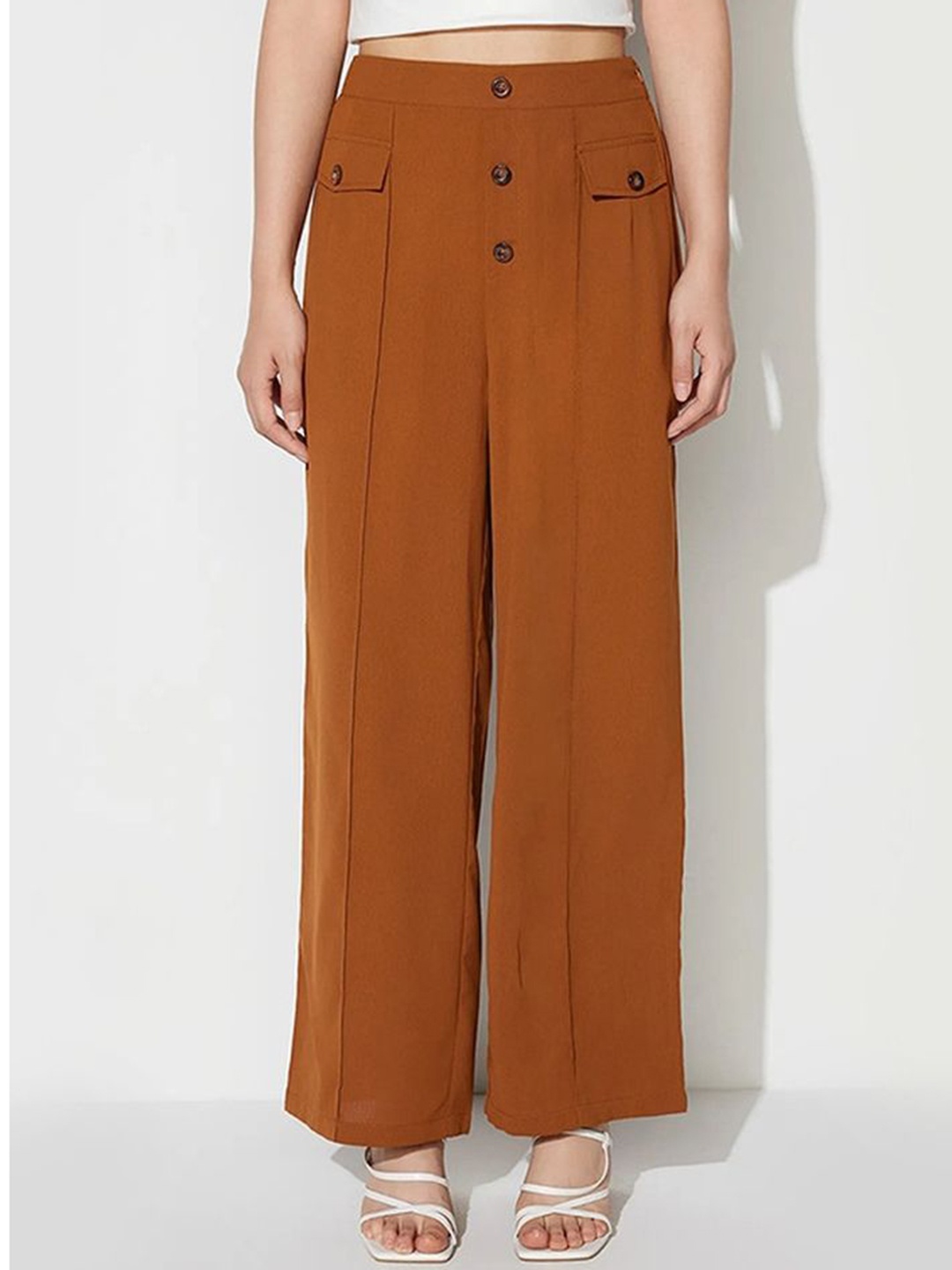 

LULU & SKY Women Straight Fit High-Rise Pleated Parallel Trousers, Brown