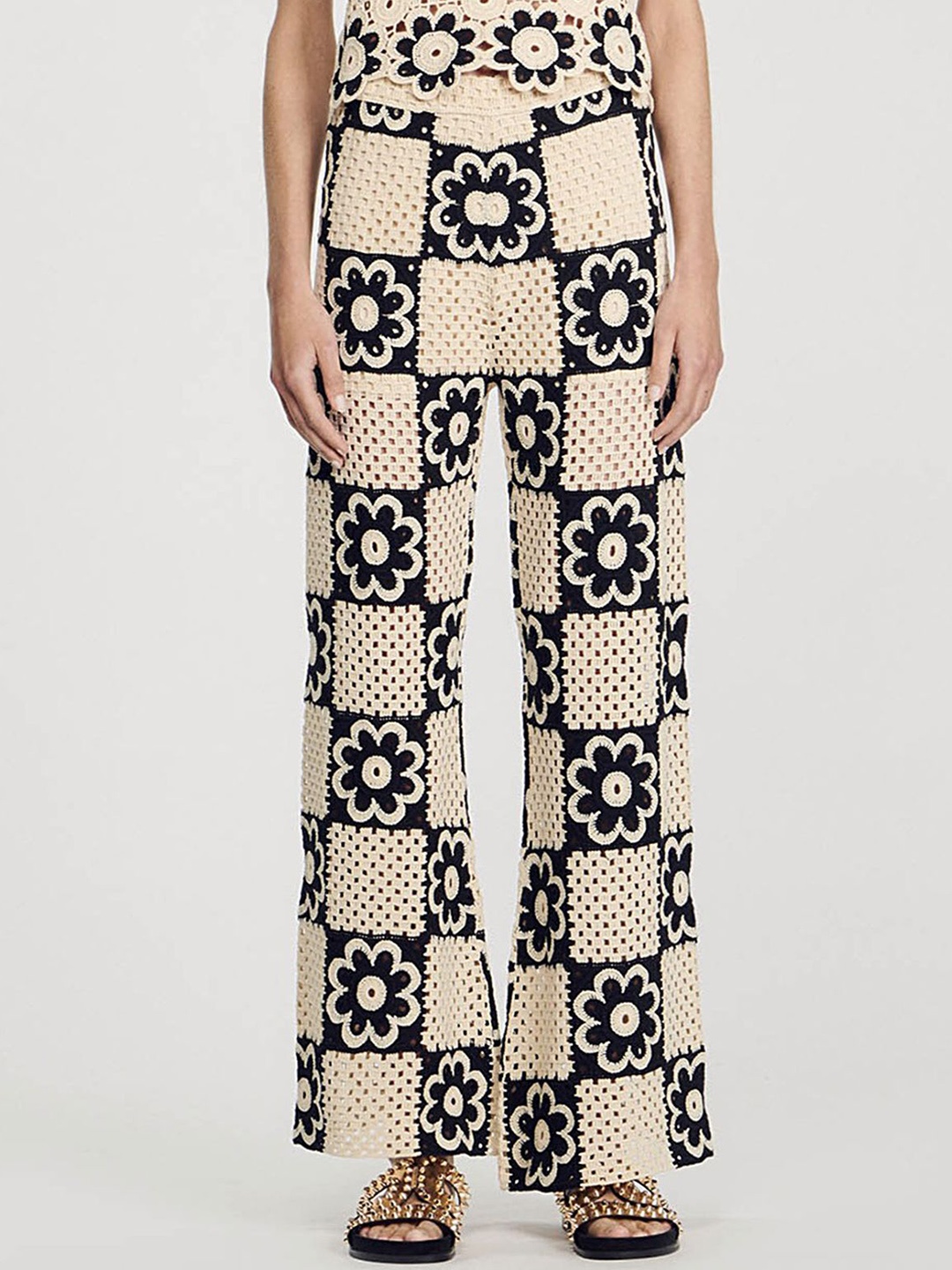 

LULU & SKY Women Animal Printed Flared High-Rise Trousers, Off white