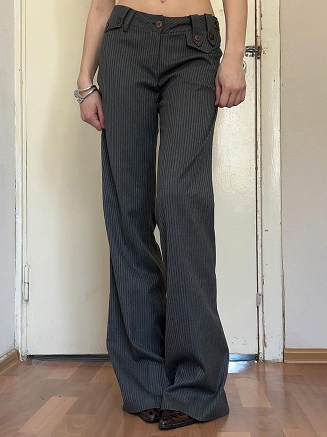 

LULU & SKY Women Striped Straight Fit Mid-Rise Wide Leg Trousers, Grey