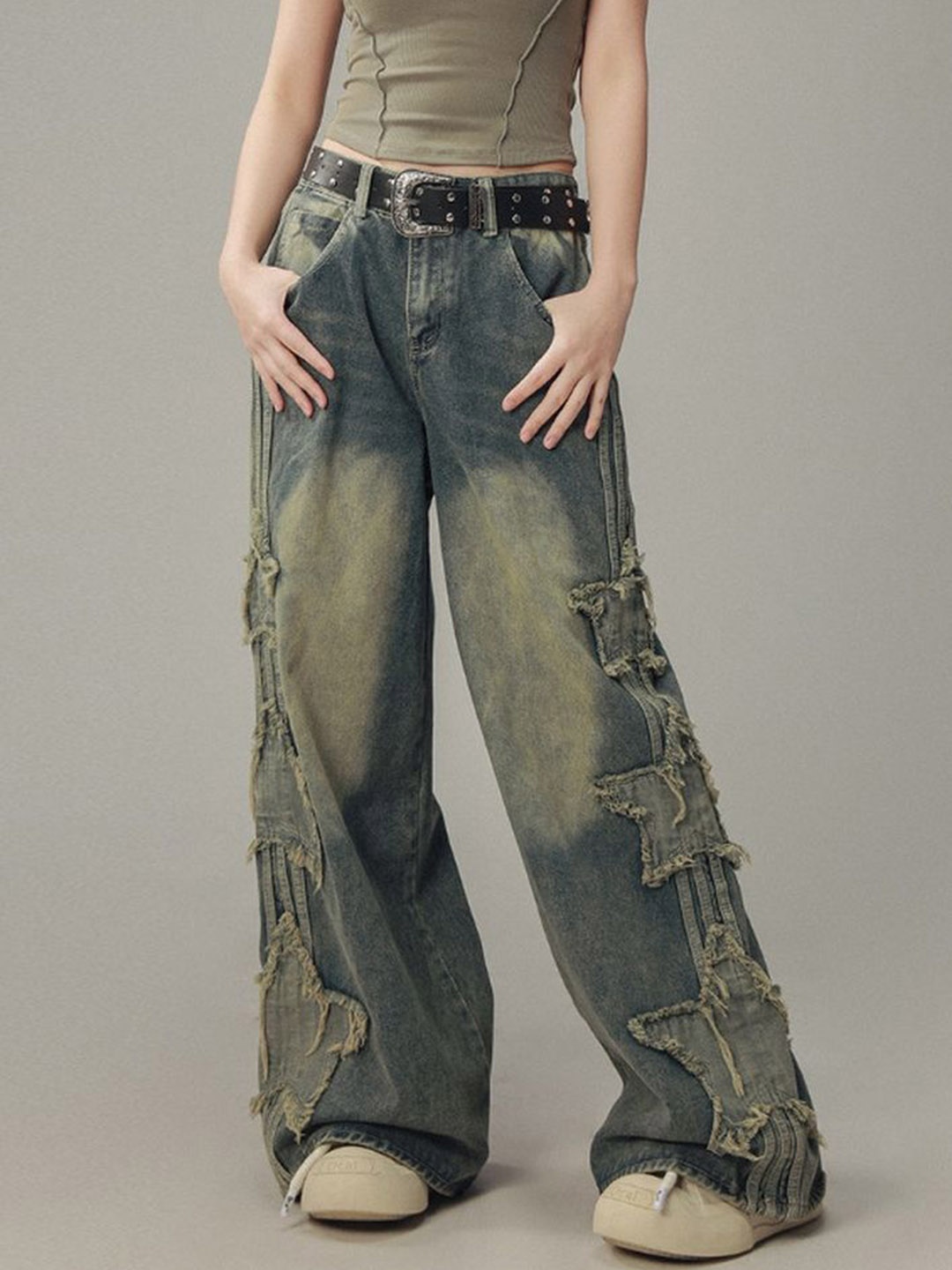 

LULU & SKY Women Wide Leg High-Rise Highly Distressed Heavy Fade Jeans, Blue