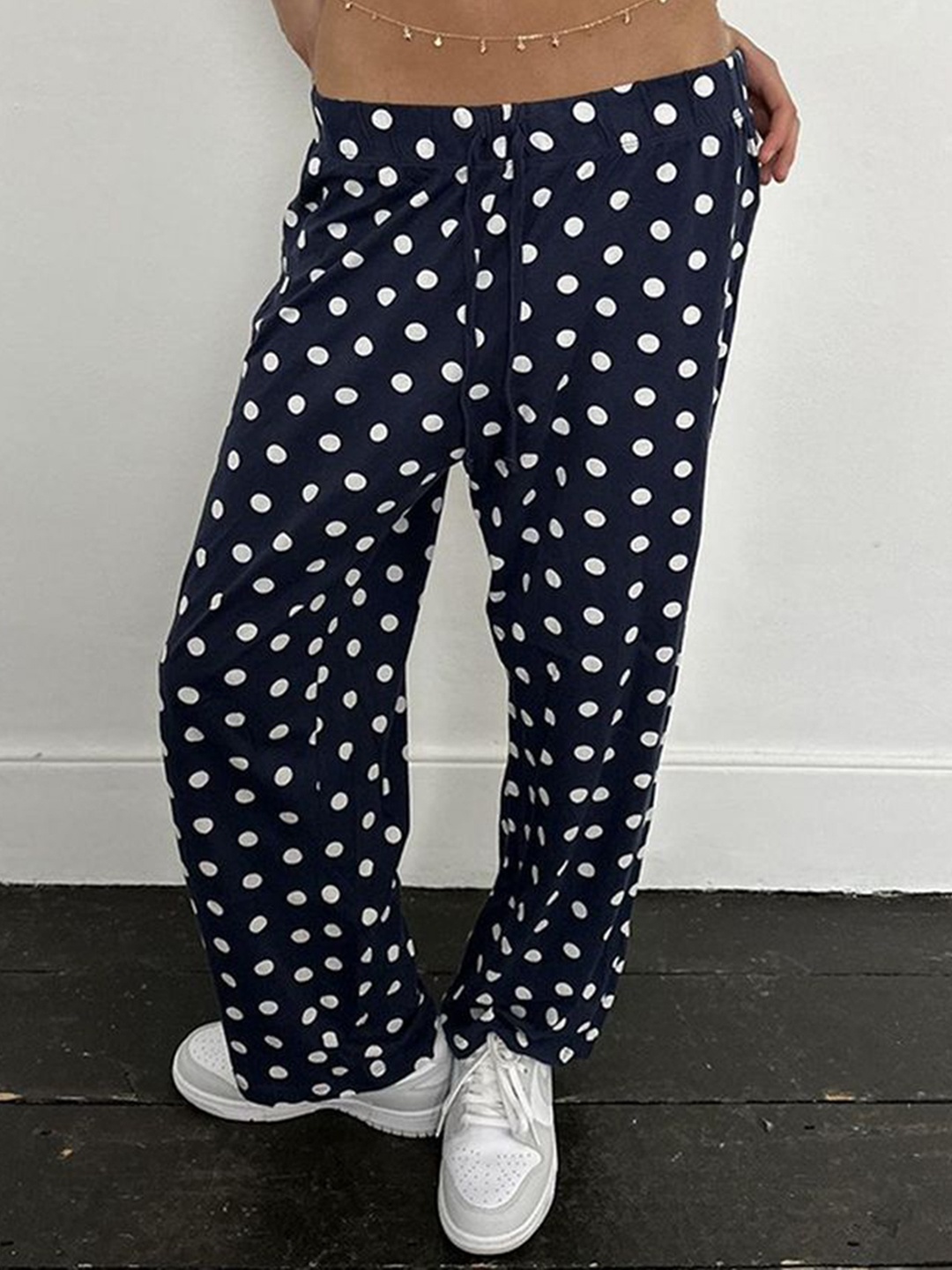 

LULU & SKY Women Polka Dot Printed Straight Fit Trousers, Navy blue