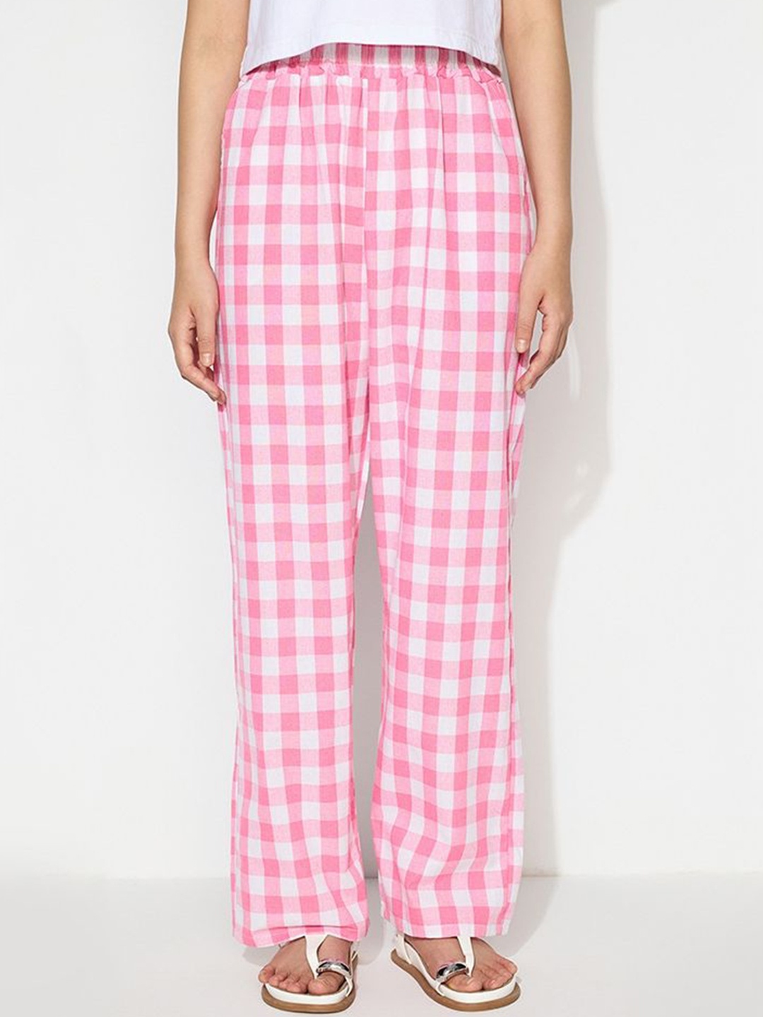 

LULU & SKY Women Checked Straight Fit High-Rise Trousers, Pink