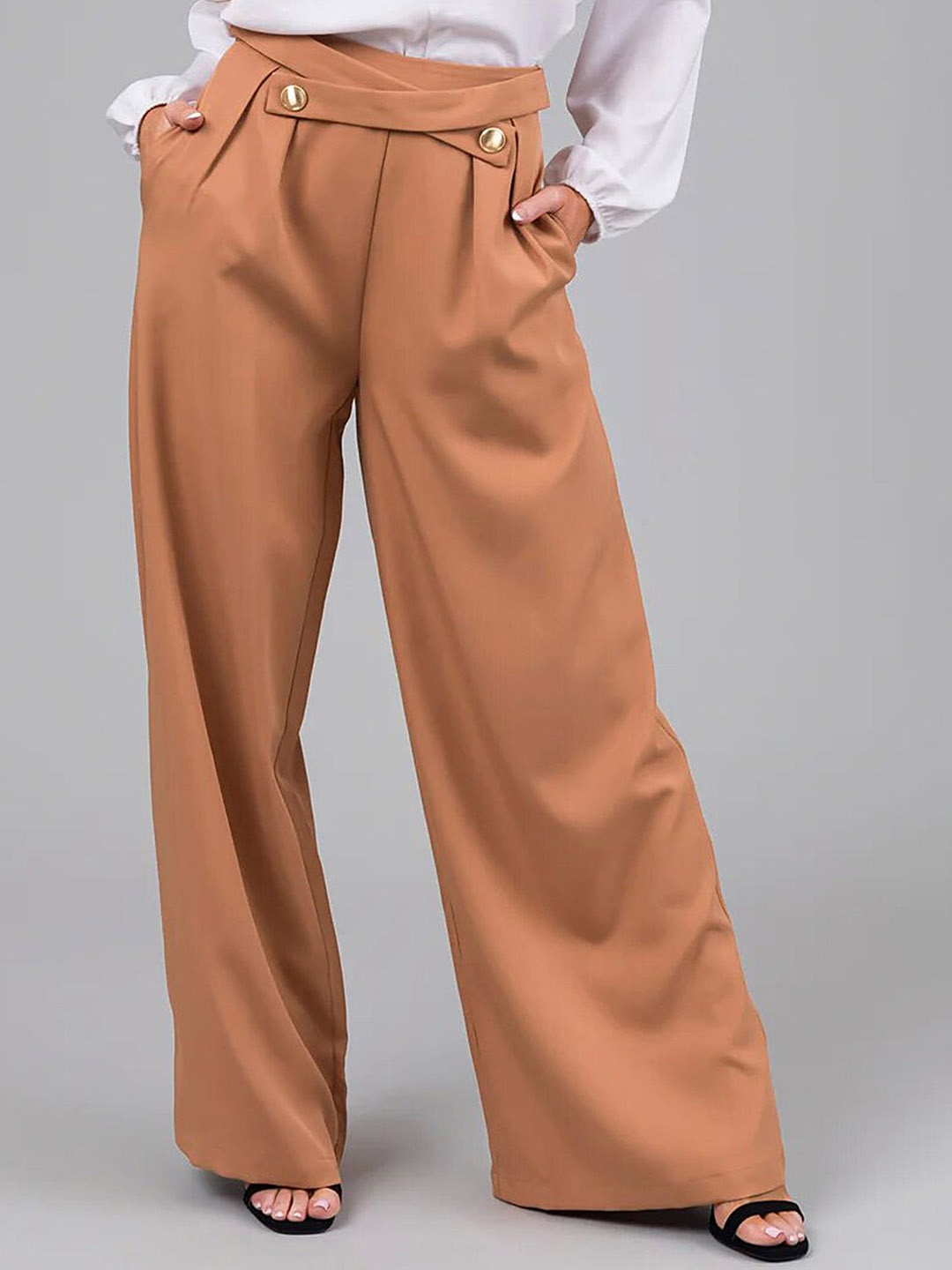 

LULU & SKY Women Wide Leg High-waisted Pleated Trousers, Orange