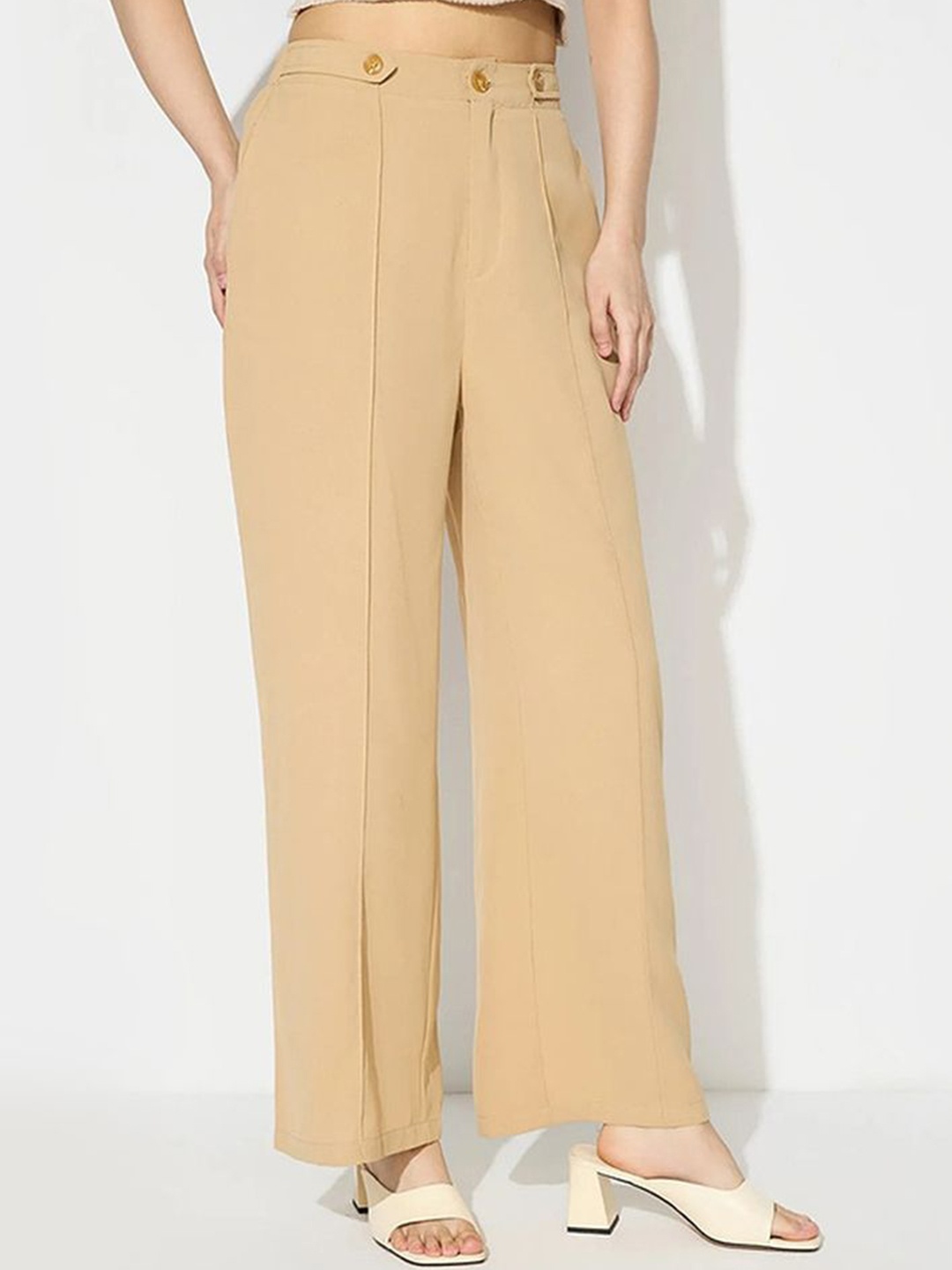 

LULU & SKY Women Flared High-Rise Pleated Trousers, Khaki