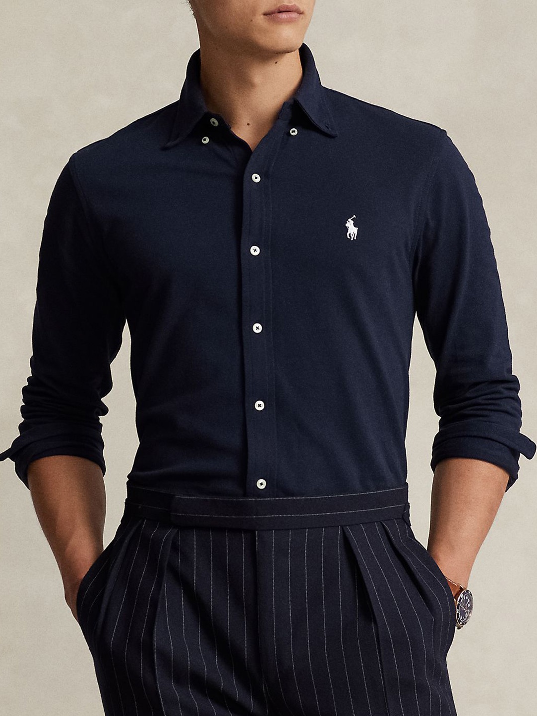 

Polo Ralph Lauren Men Button-Down Collar Solid Cotton Casual Shirt, Navy blue
