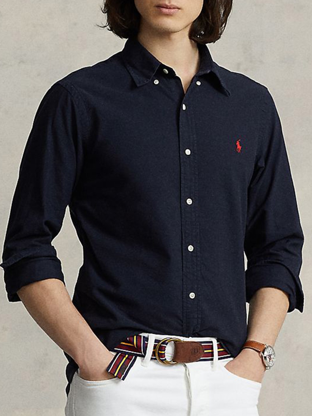 

Polo Ralph Lauren Men Button-Down Collar Solid Cotton Casual Shirt, Navy blue