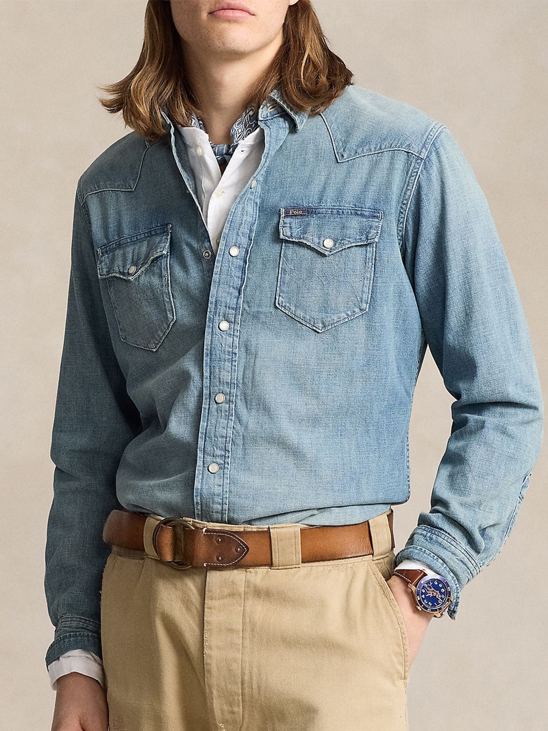 

Polo Ralph Lauren Men Cotton Denim Spread Collar Casual Shirt, Blue