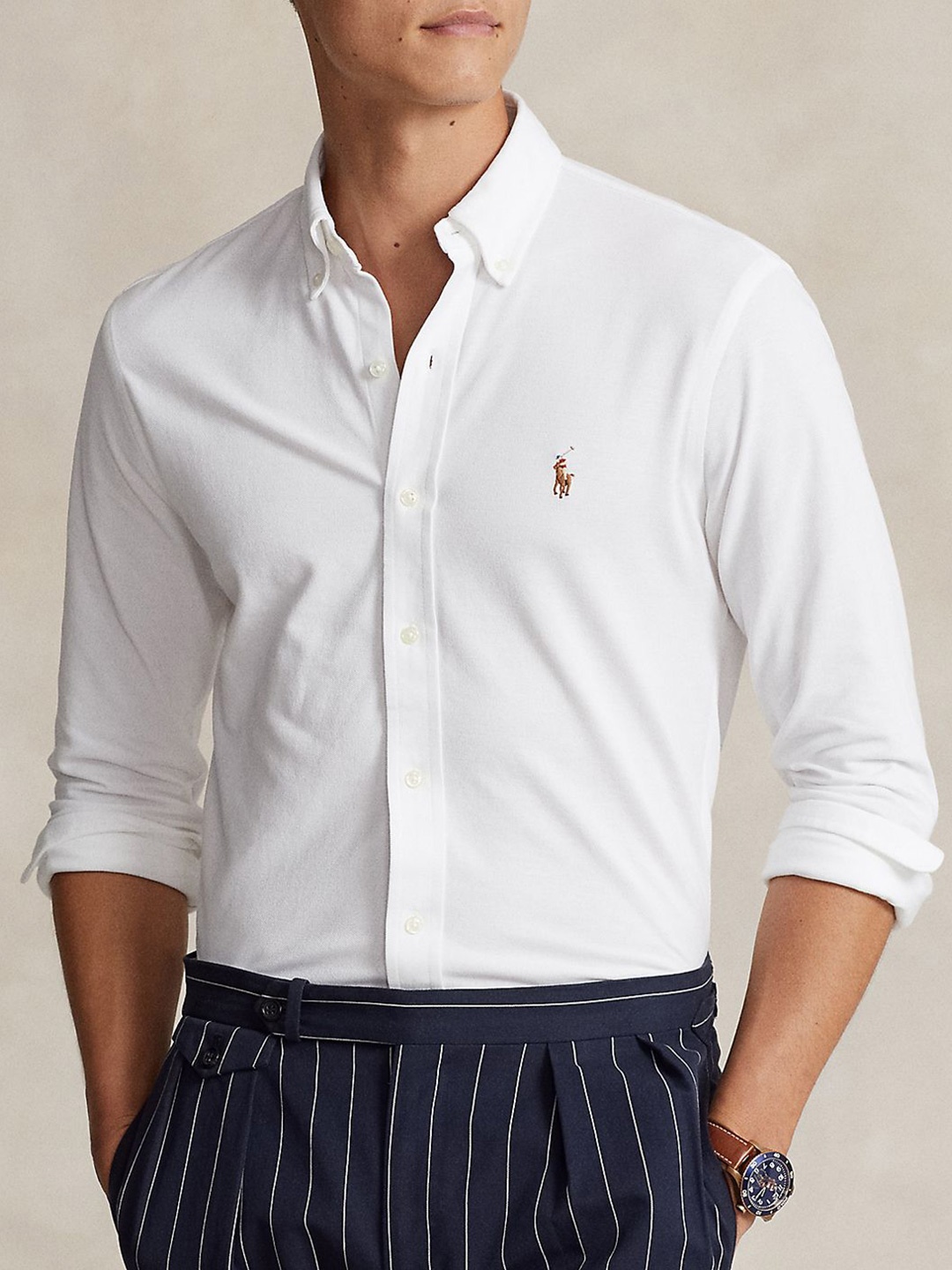 

Polo Ralph Lauren Men Button-Down Collar Solid Cotton Casual Shirt, White