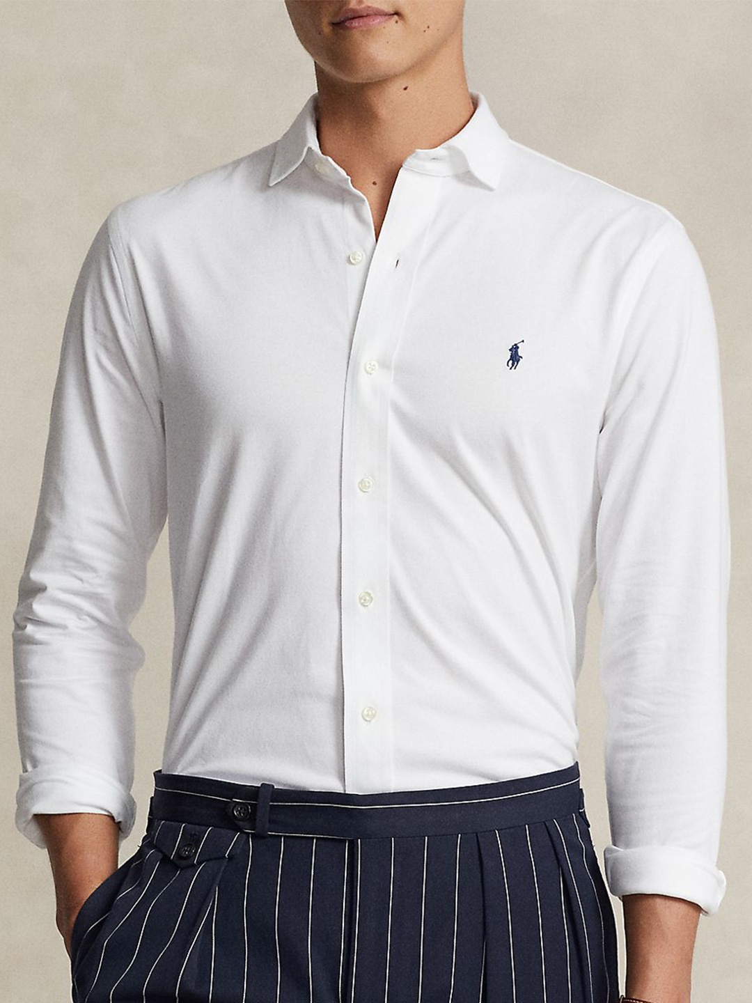 

Polo Ralph Lauren Men Spread Collar Solid Slim Fit Cotton Casual Shirt, White