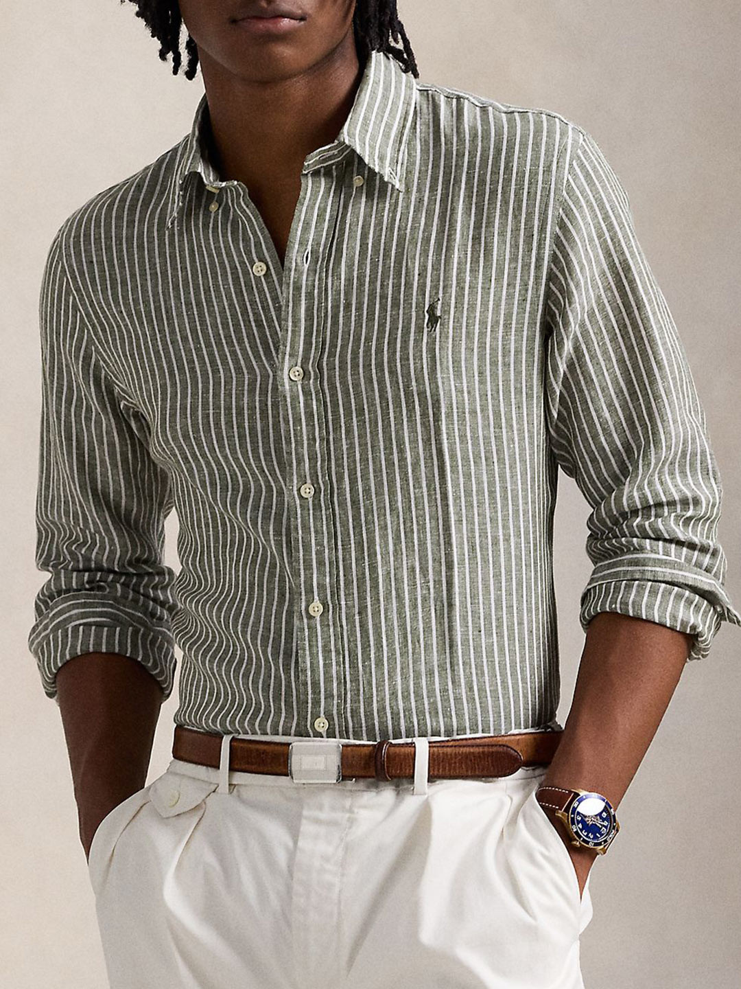 

Polo Ralph Lauren Men Button-Down Collar Vertical Striped Linen Formal Shirt, Green