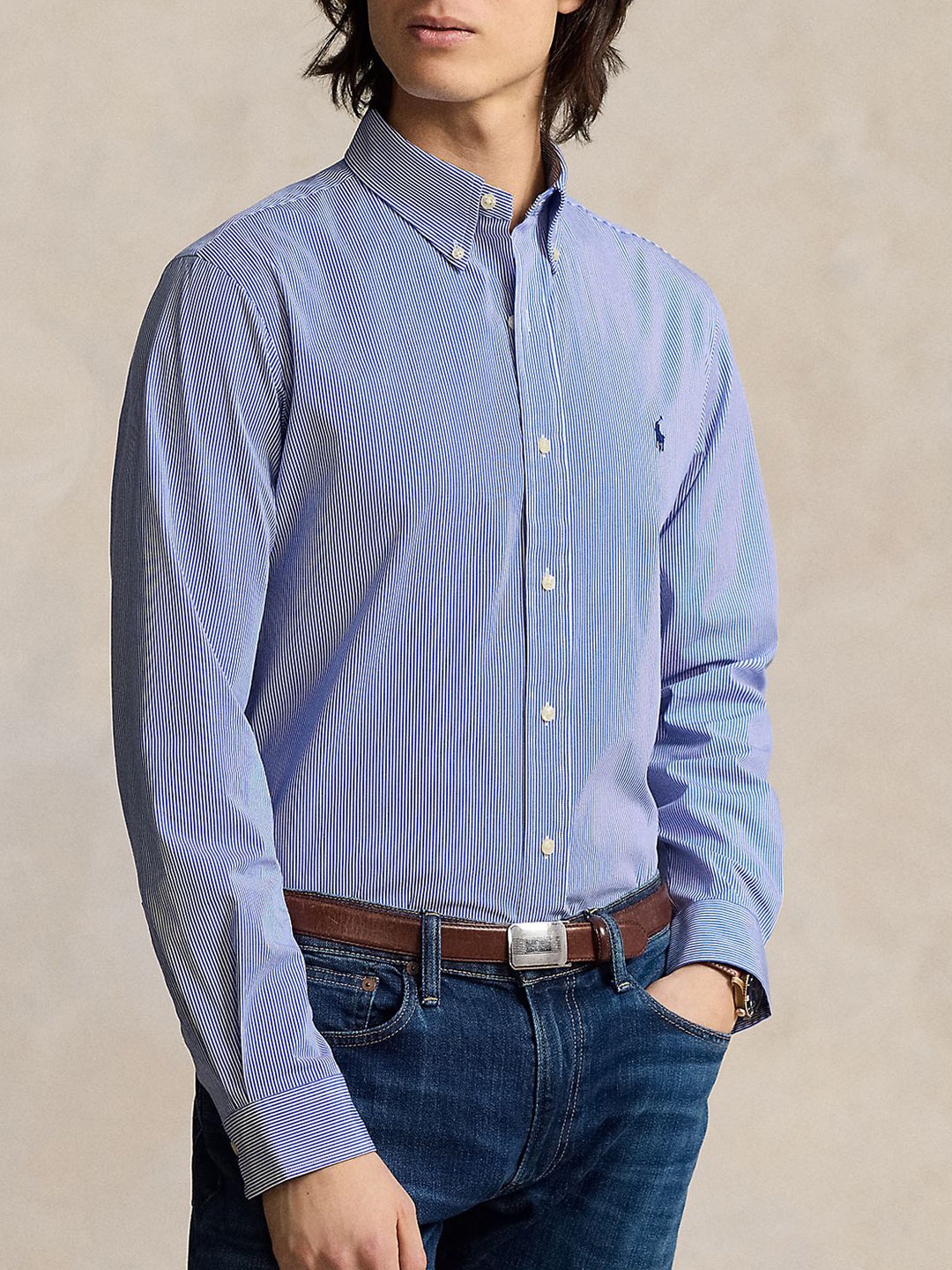

Polo Ralph Lauren Men Button-Down Collar Vertical Striped Cotton Casual Shirt, Blue
