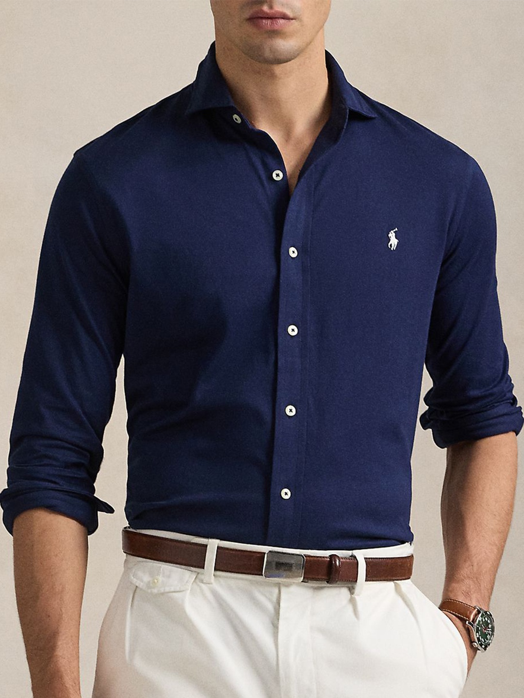 

Polo Ralph Lauren Men Spread Collar Solid Cotton Casual Shirt, Navy blue