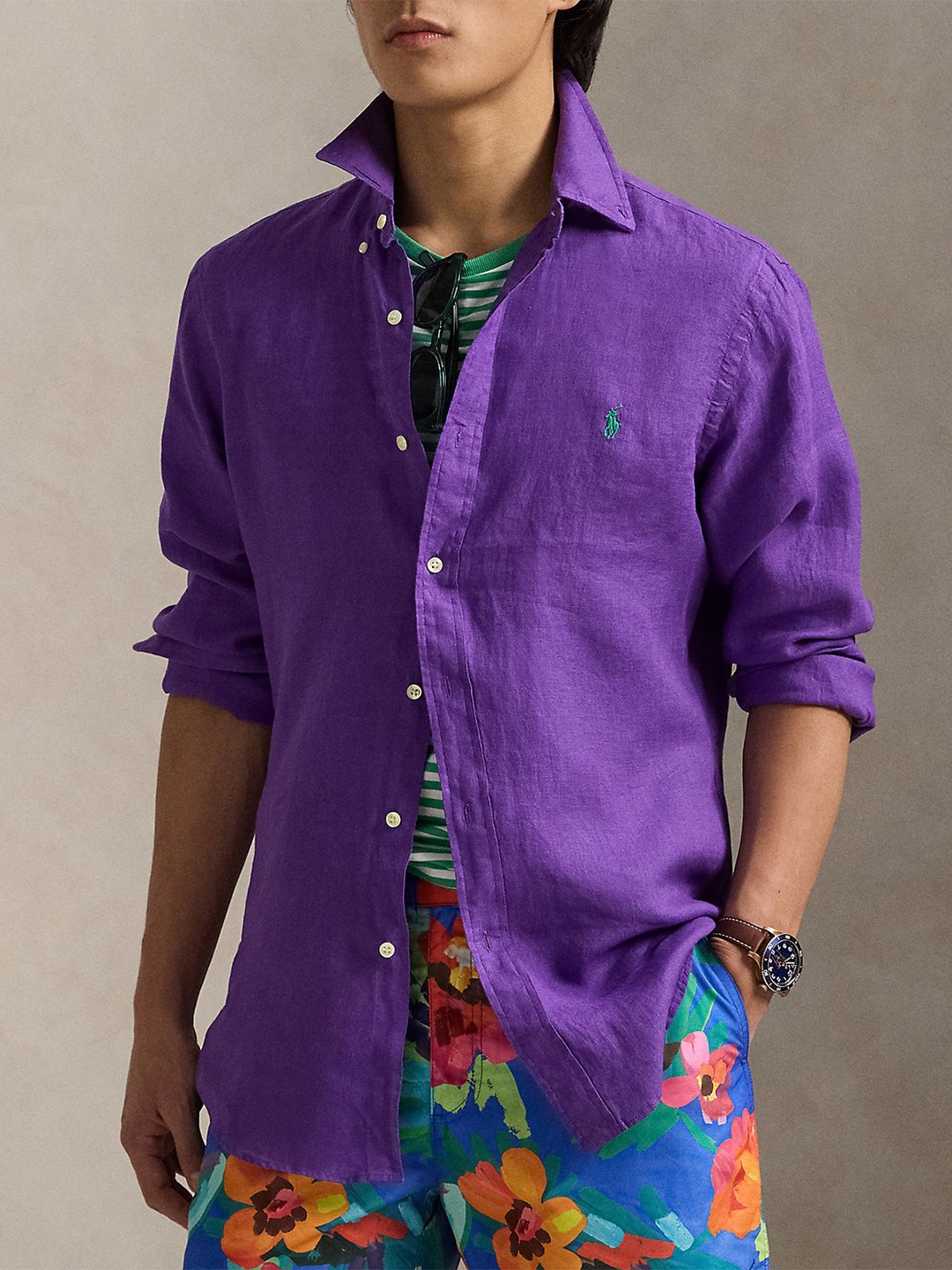 

Polo Ralph Lauren Men Button-Down Collar Solid Linen Casual Shirt, Purple