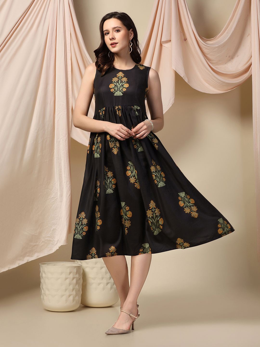 

Moda Rapido Floral Print Chiffon A-Line Dress, Black