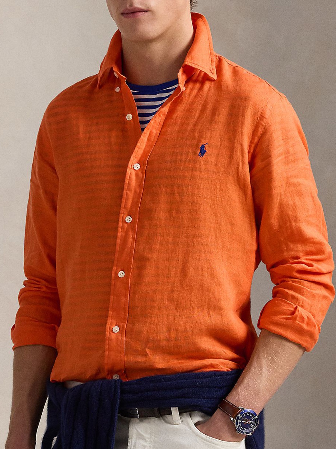 

Polo Ralph Lauren Men Button-Down Collar Solid Linen Casual Shirt, Orange