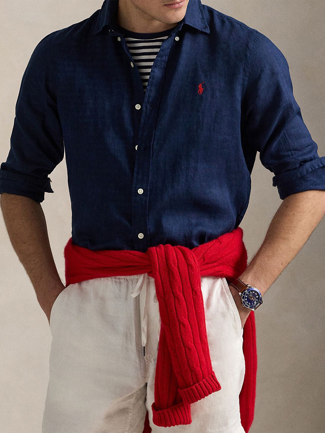 

Polo Ralph Lauren Men Button-Down Collar Solid Linen Casual Shirt, Navy blue