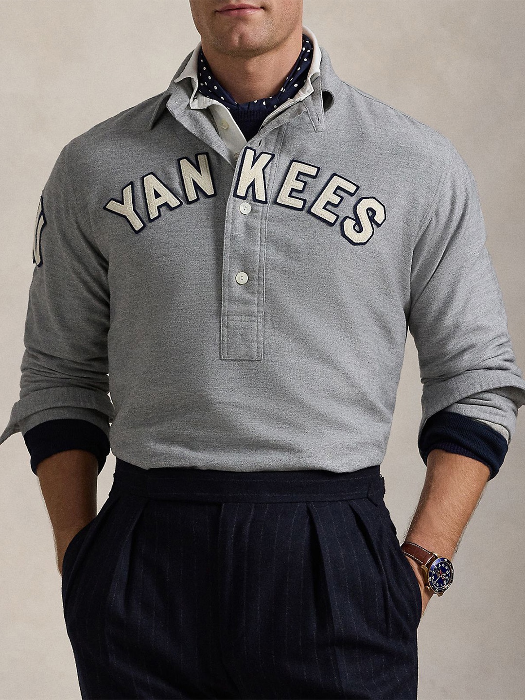 

Polo Ralph Lauren Yankees Men Self Design Typography Applique Classic Fit Cotton Shirt, Grey