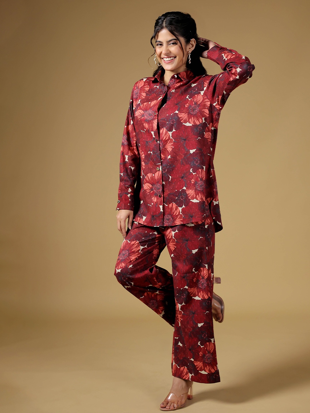 

BEOM Dusky Rose Printed Shirt Collar Long Sleeves Shirt & Trouser, Maroon