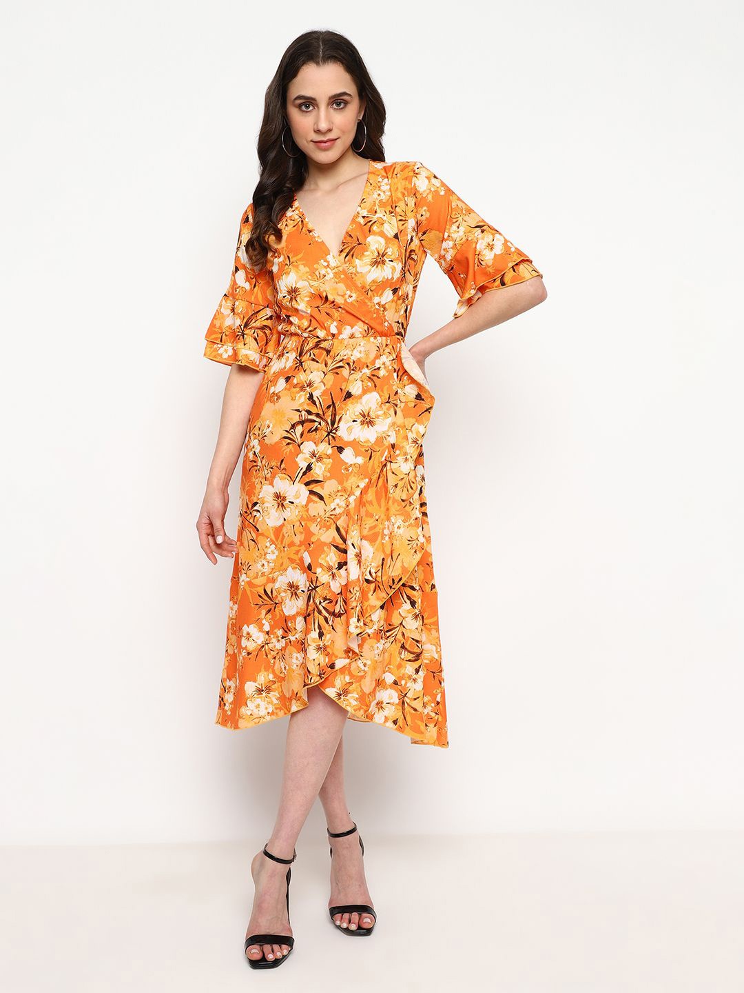 

Satrisha Floral Print Flutter Sleeve Tulip Hem Crepe Wrap Maxi Dress, Orange