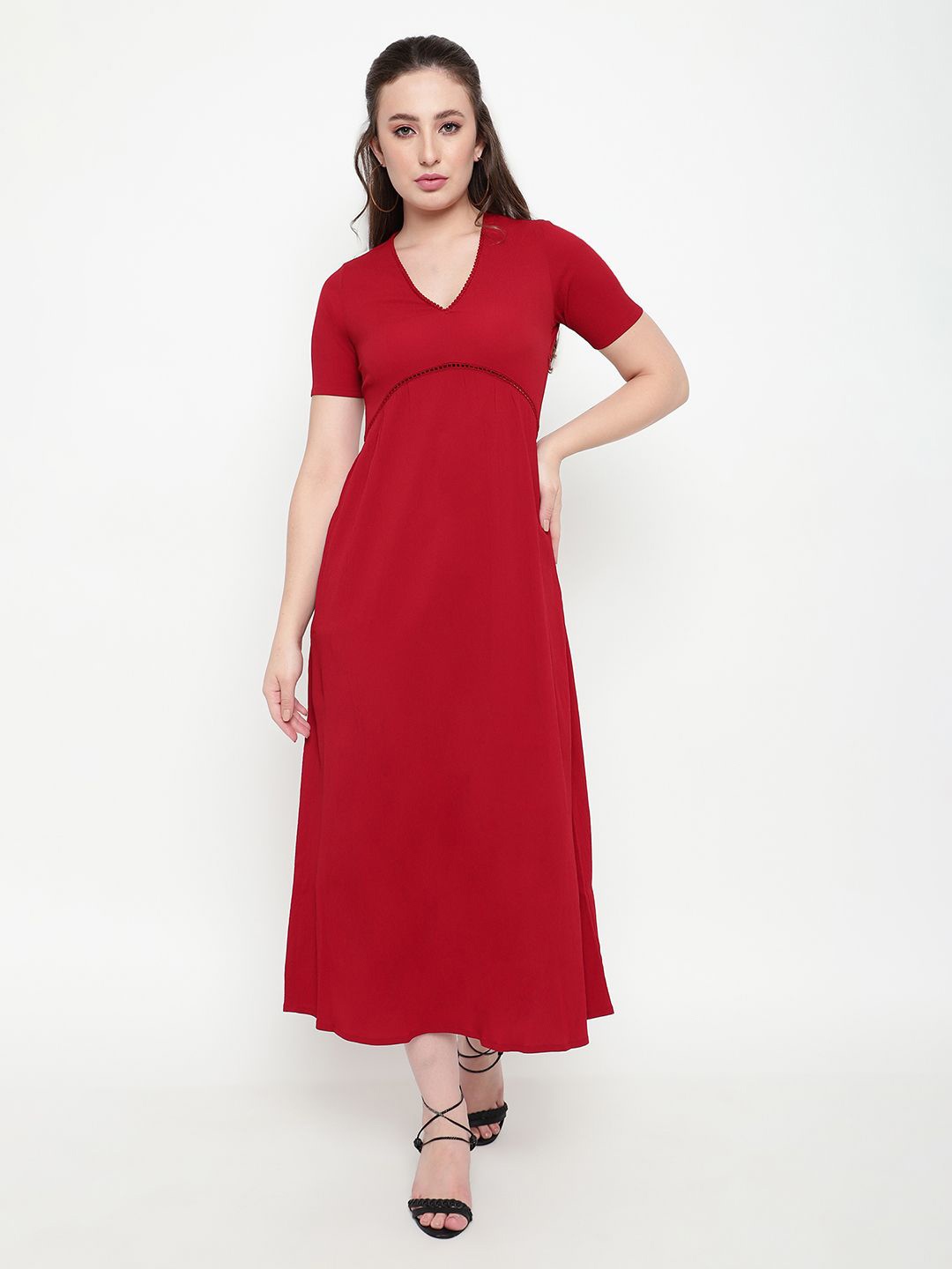 

Satrisha Women V-Neck A-Line Midi Dress, Red