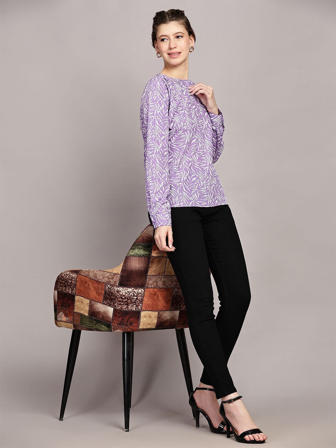 

TrendRush Spring-25 Women Floral Printed Cuffed Sleeves Casual Top, Purple