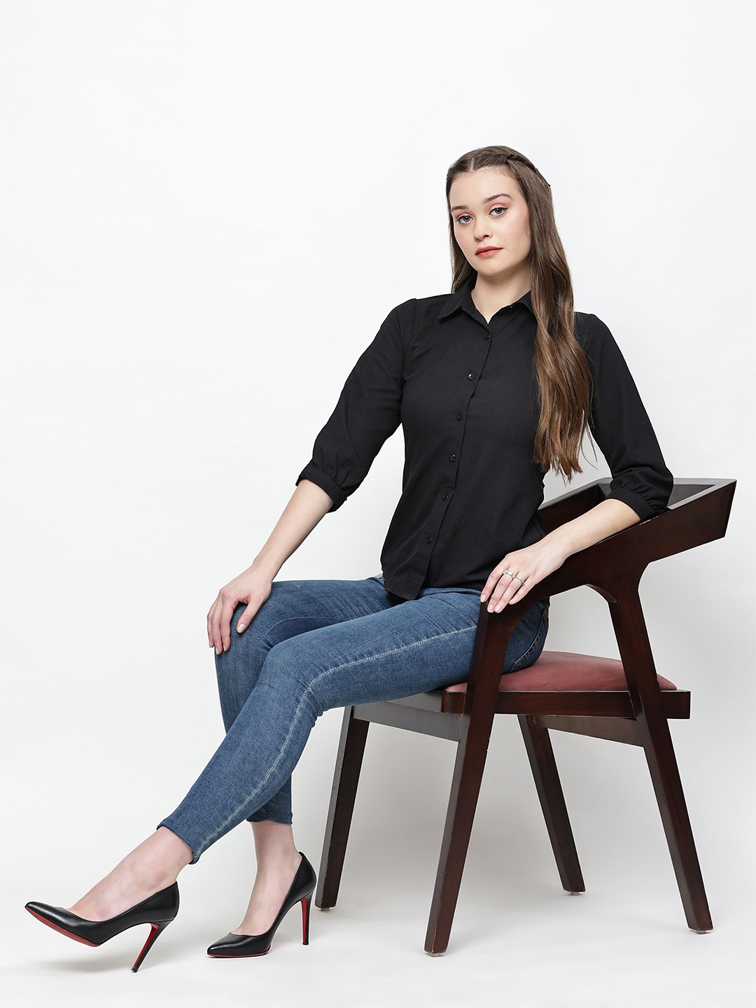 

TrendRush Monochrome Women Crepe Shirt Style Top, Black