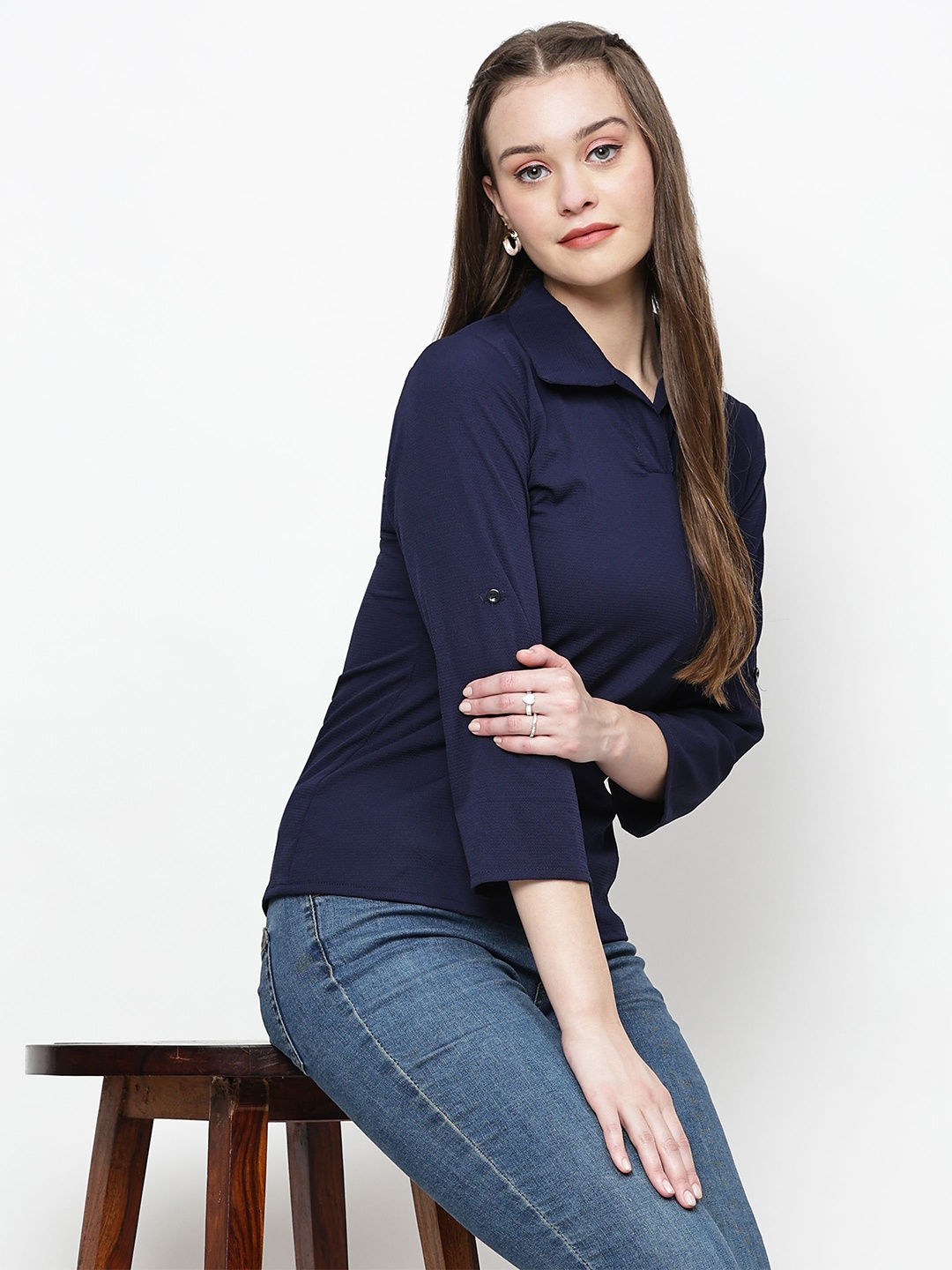 

TrendRush Women Shirt Collar Crepe Top, Blue