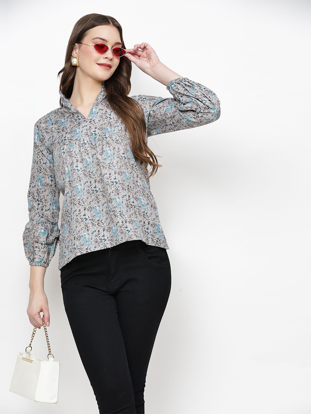 

TrendRush Spring-25 Women Floral Printed Puff Sleeves Mandarin Collar Top, Grey