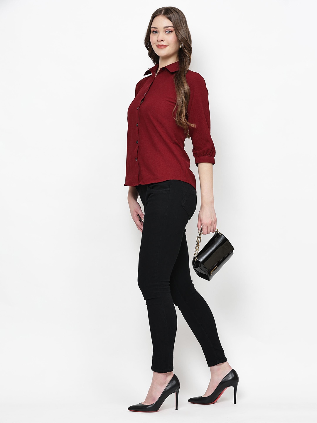 

TrendRush Women Monochrome Shirt Style Top, Maroon