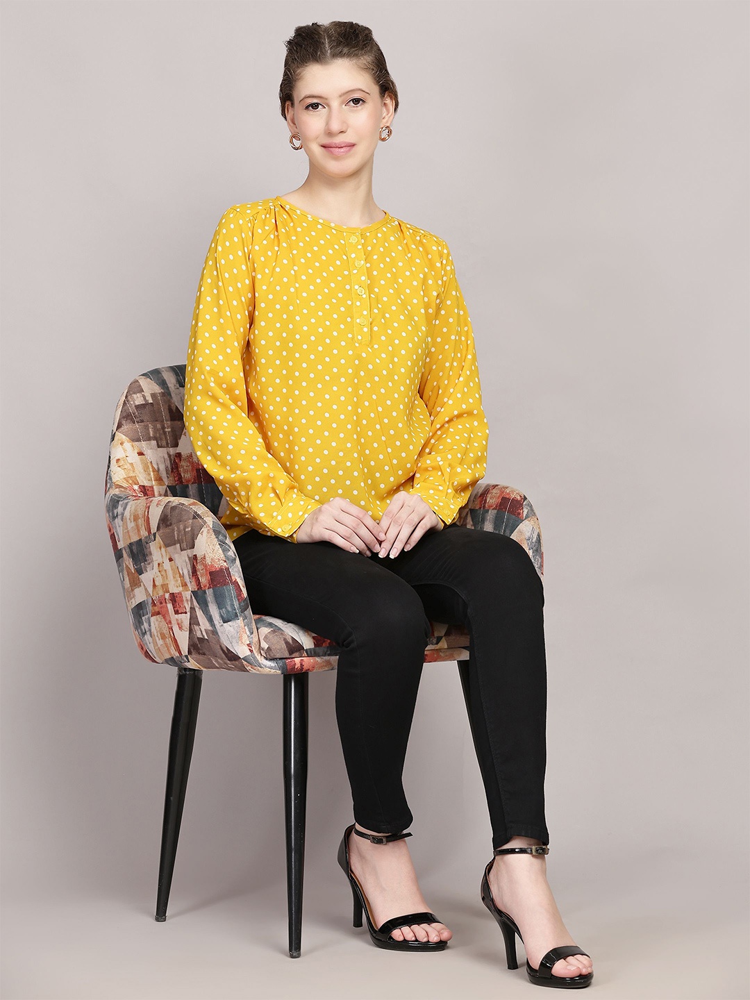 

TrendRush Women Polka Dot Printed Top, Yellow