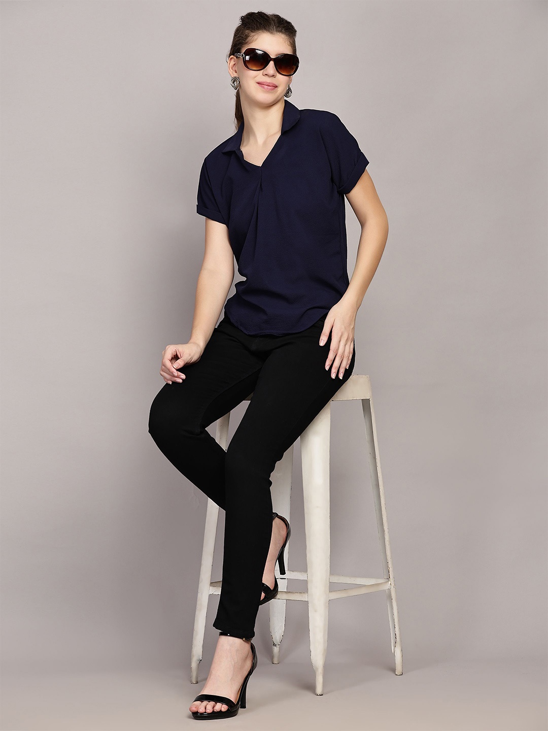 

TrendRush Women Shirt Collar Shirt Style Top, Blue