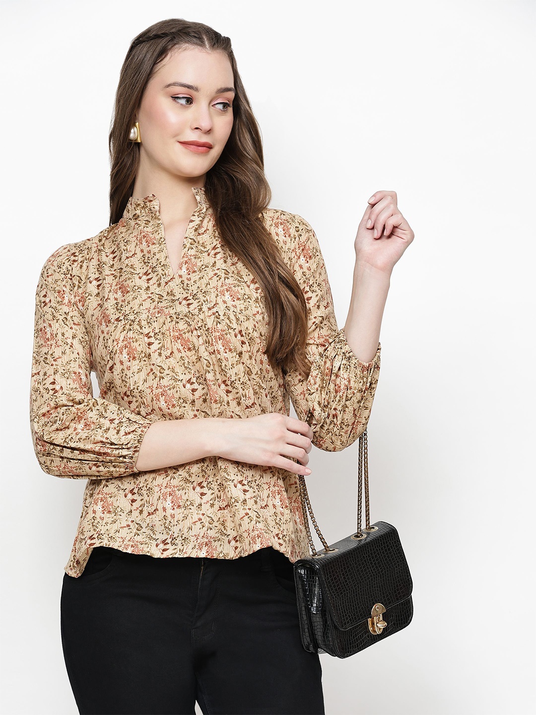 

TrendRush Women Floral Print Mandarin Collar Top, Beige