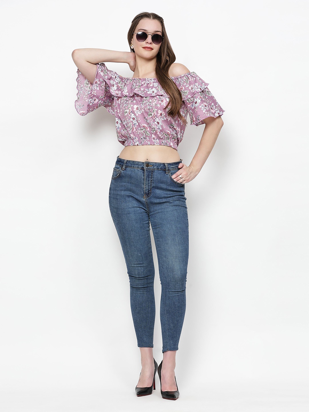 

TrendRush Floral Print Off-Shoulder Flared Sleeve Ruffles Crop Top, Purple