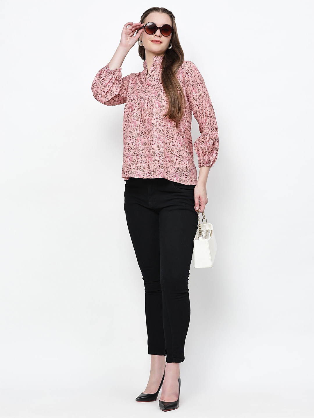 

TrendRush Women Floral Printed Mandarin Collar Top, Pink