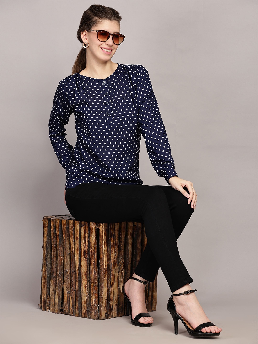 

TrendRush Women Polka Dot Printed Cuffed Sleeves Georgette Top, Blue