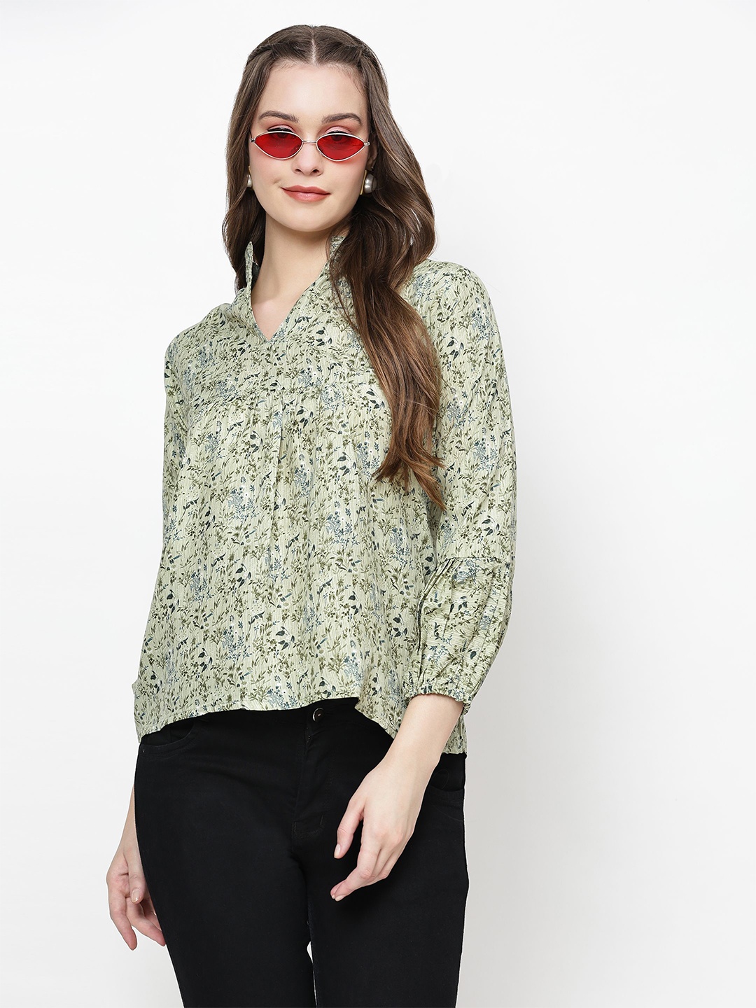 

TrendRush Floral Print Mandarin Collar Top, Green
