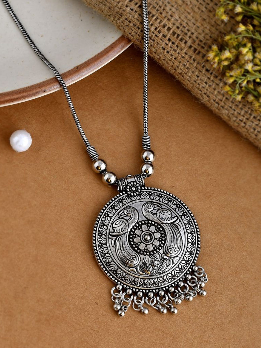 

NAMAN ARTS Silver-Plated Oxidised Circular Pendant