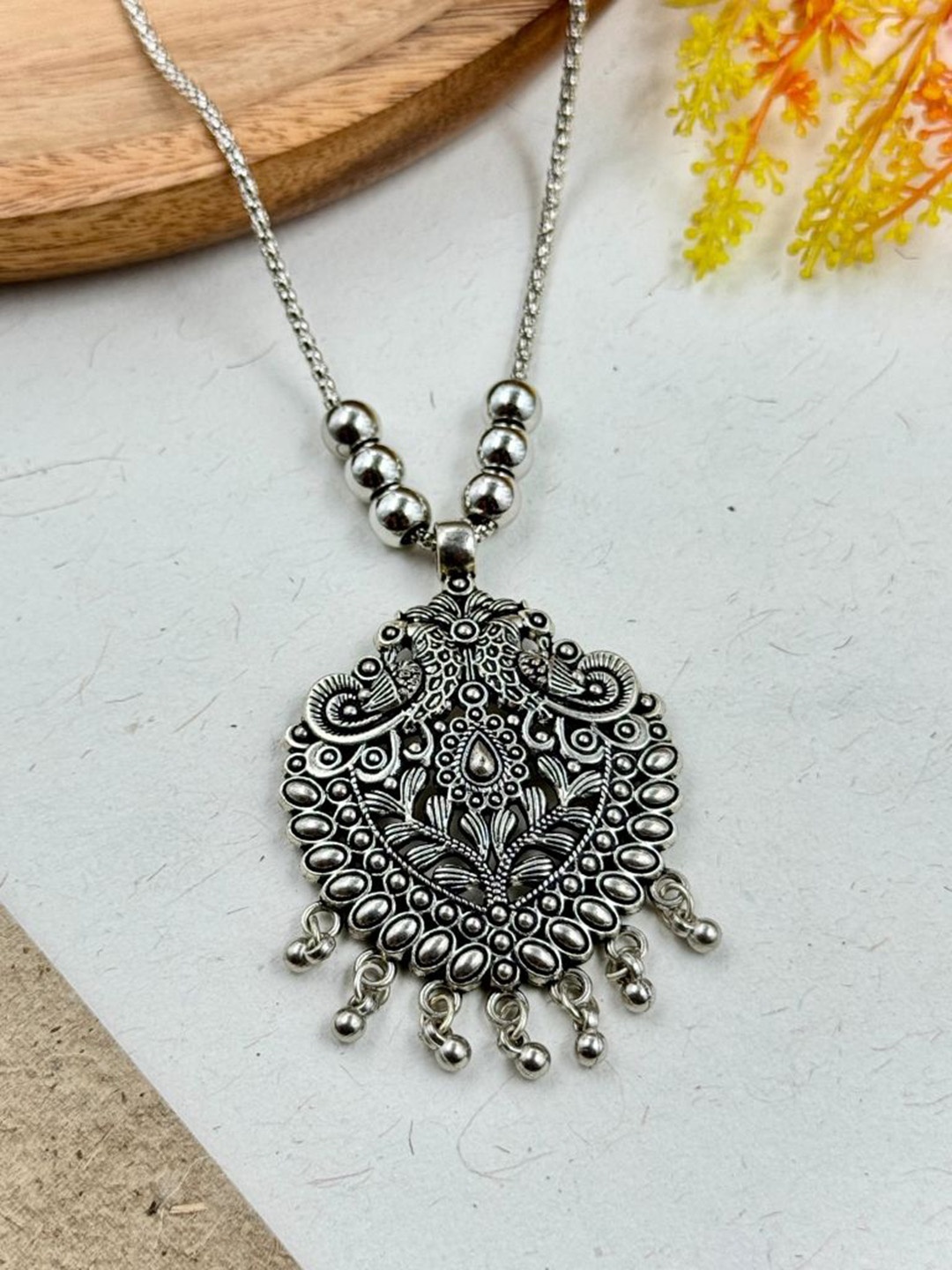 

NAMAN ARTS Silver-Plated Artificial Beaded Oxidised Necklace