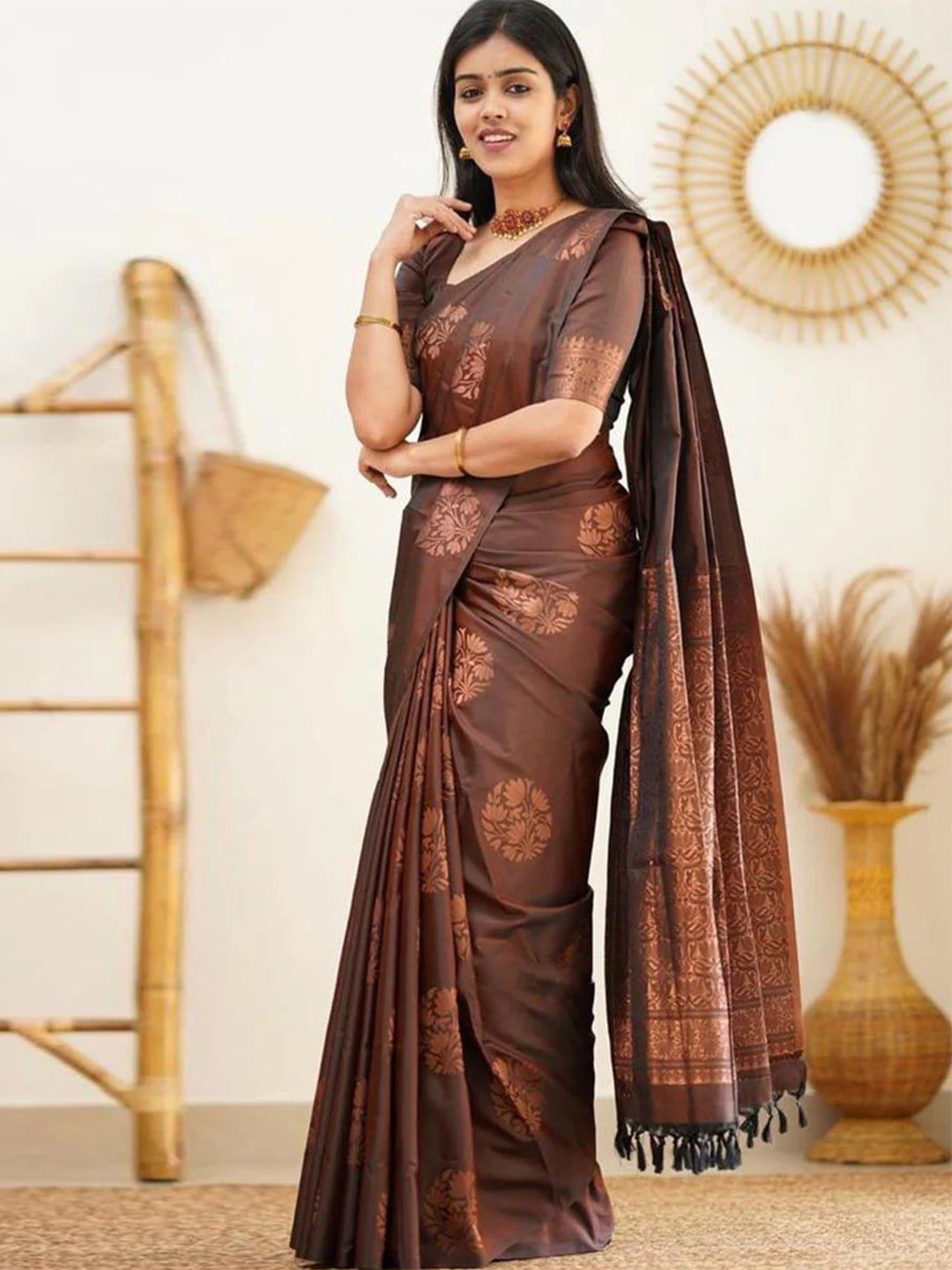 

KALINI Ethnic Motifs Zari Banarasi Saree, Brown
