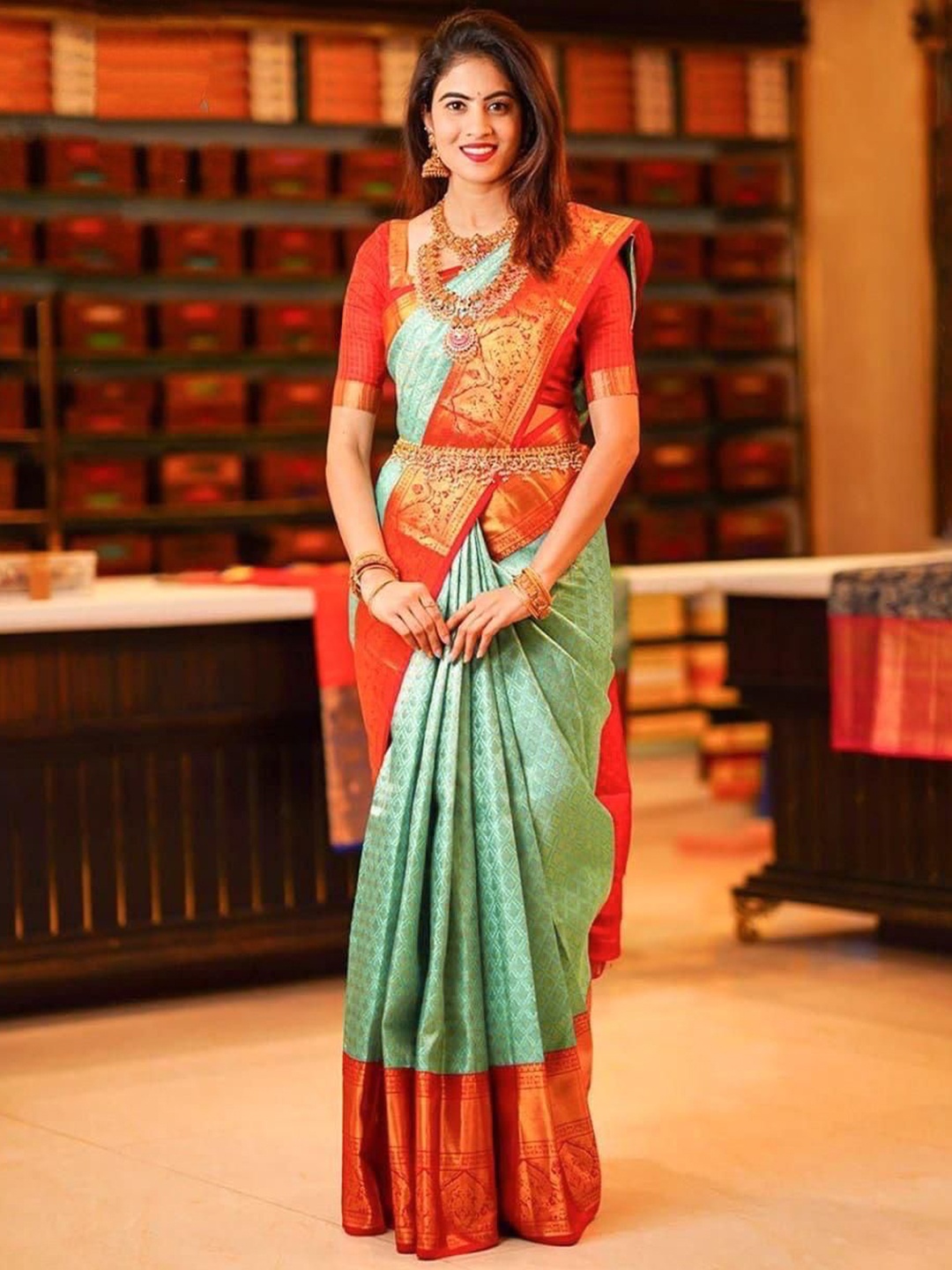 

KALINI Woven Design Zari Banarasi Saree, Teal