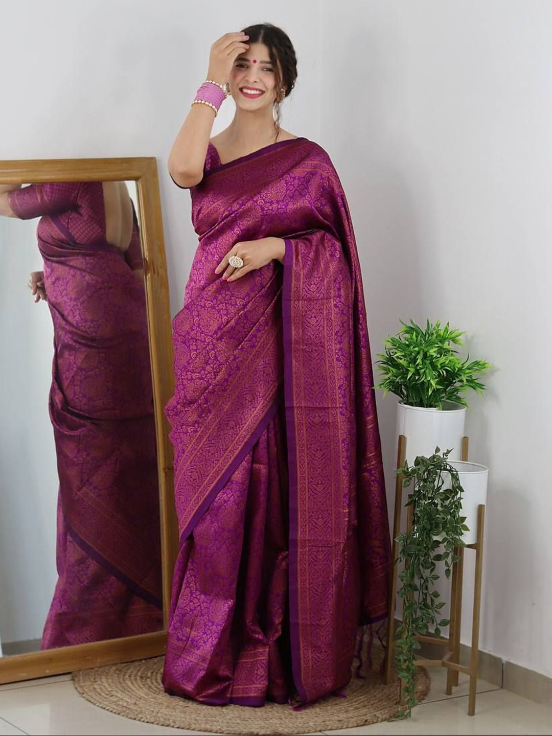 

KALINI Ethnic Motifs Zari Banarasi Saree, Magenta