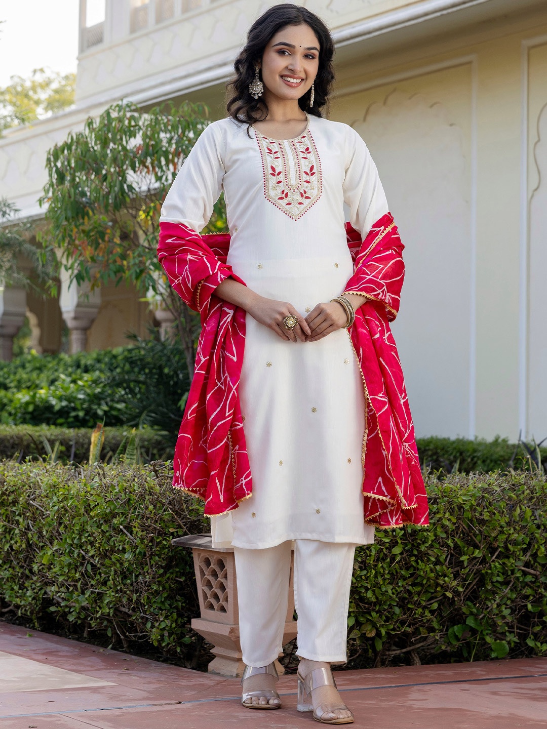 

Navlik Ethnic Motifs Embroidered Sequinned Straight Kurta With Trouser & Dupatta, Off white